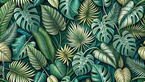 A background with a seamless pattern of tropical leaves and plants in muted green tones.