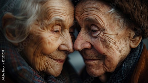 Elderly couple with wrinkles and age spots sharing a loving moment