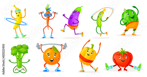 Vegetables fruits sport characters. Cartoon fruit yoga pose and vegetable doing fitness exercise, funny healthy food kid character veg mascot fit workout, neat vector illustration