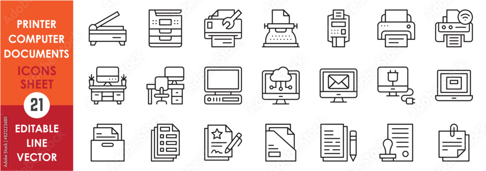 A set of line icons with printer, computer and documents. Vector icons with various types of printers, computer and laptops and printed files. A set of line icons with printer, computer and documents. Vector icons with various types of printers, computer and laptops and printed files.