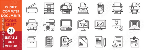 A set of line icons with printer, computer and documents. Vector icons with various types of printers, computer and laptops and printed files.