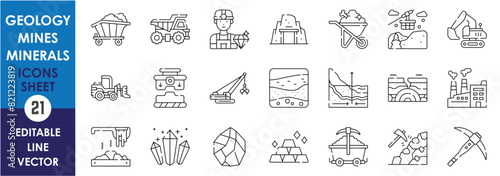 A set of line icons related to mines, minerals, and geology. Mines, minerals, earth, miner, vehicles, processing and so on. Vector mine outline icons.