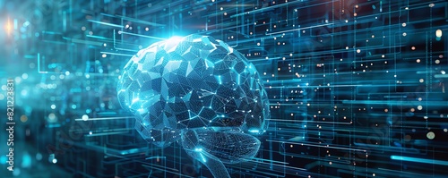 Quantum computing system with cyber brain, futuristic, holographic, blue hues