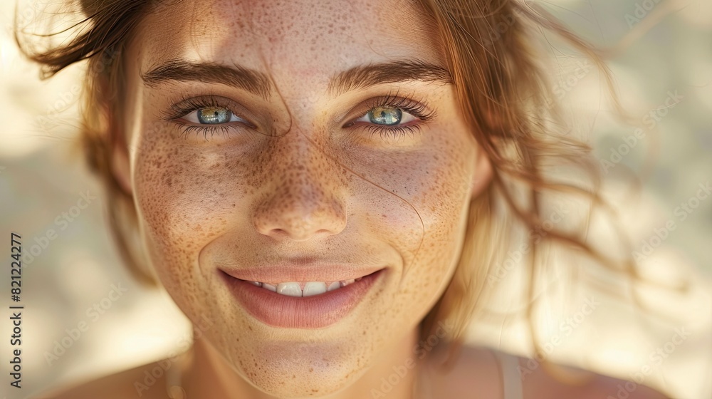 Woman with freckles smiling in natural sunlight Woman with freckles smiling in natural sunlight