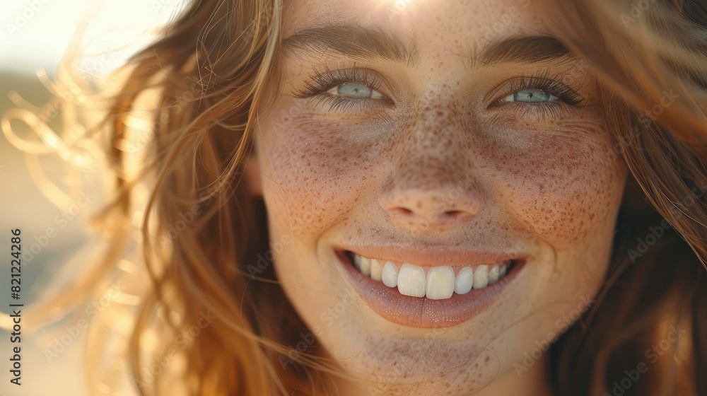 Woman with freckles smiling in natural sunlight Woman with freckles smiling in natural sunlight