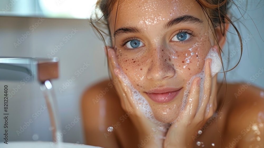 Teenage girl with acne washing her face at bathroom sink Teenage girl with acne washing her face at bathroom sink