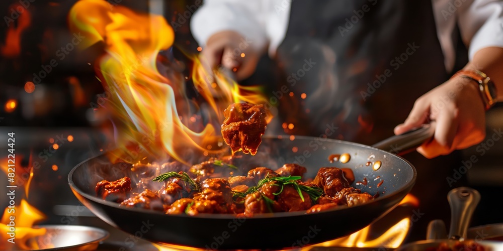 A chef impressively flambees a dish, with flames leaping from the pan during cooking A chef impressively flambees a dish, with flames leaping from the pan during cooking