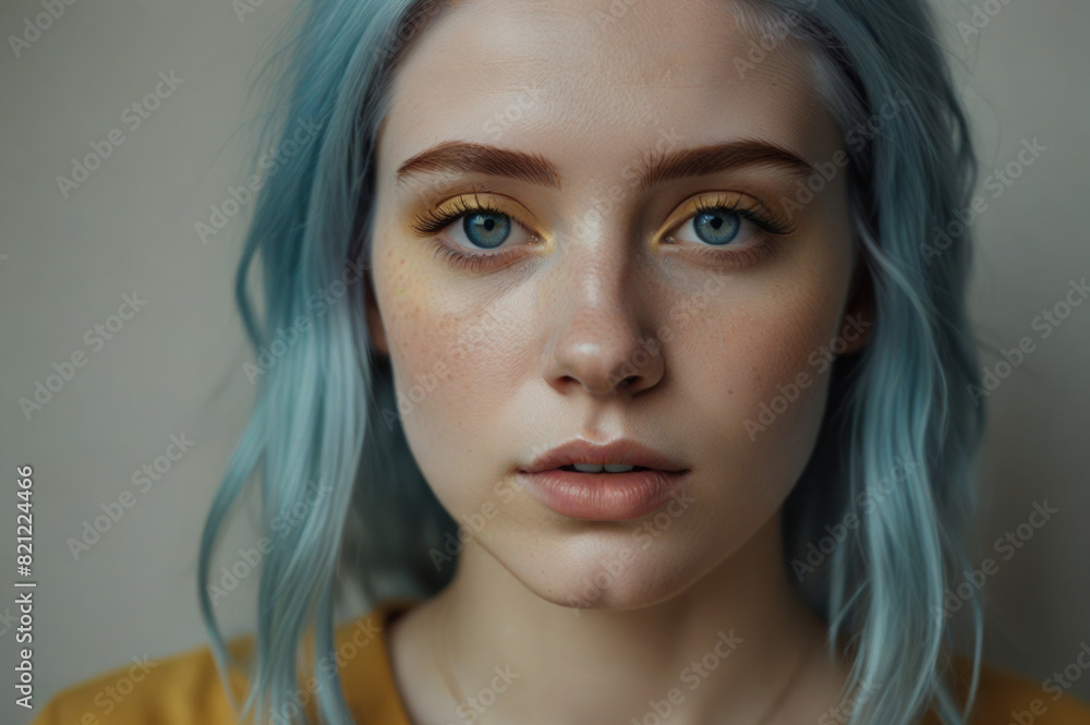 Fototapeta premium Blue-eyed beauty with blue hair and rosy cheeks