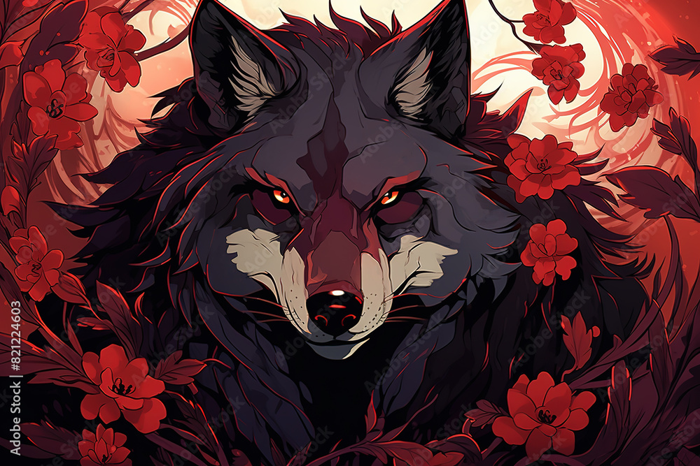 Wolf in the middle of the red rose bushes Stock Illustration | Adobe Stock