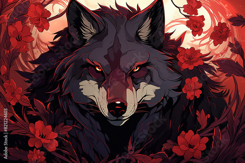 Wolf in the middle of the red rose bushes