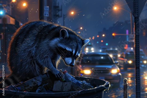 A raccoon rummaging through a city trash can at night, with streetlights and cars in the background photo