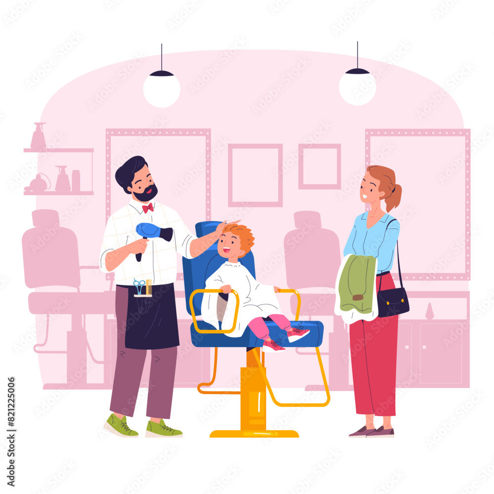 Kid hairdresser. Child barber cut hair boy stylish haircut in kids barbershop salon background, cartoon little client children hairdressing profession classy vector illustration Kid hairdresser. Child barber cut hair boy stylish haircut in kids barbershop salon background, cartoon little client children hairdressing profession classy vector illustration
