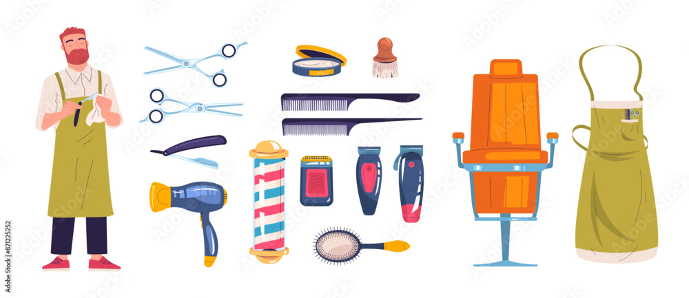 Cartoon barbershop accessories. Barber profession equipment flat icons, hairdresser professional instrument hair care tools scissors apron Cartoon barbershop accessories. Barber profession equipment flat icons, hairdresser professional instrument hair care tools scissors apron