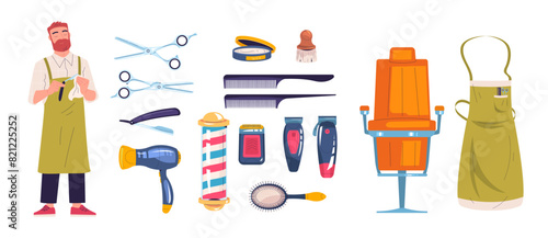 Cartoon barbershop accessories. Barber profession equipment flat icons, hairdresser professional instrument hair care tools scissors apron