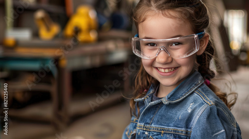 A young girl wearing safety glasses and a denim outfit smiles in an industrial workshop setting.