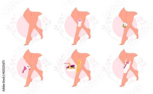Legs hair removal. Girl clean leg smooth skin, depilation epilation technology step method razor shaving wax cream sugar epil laser skincare hairs remove classy vector illustration
