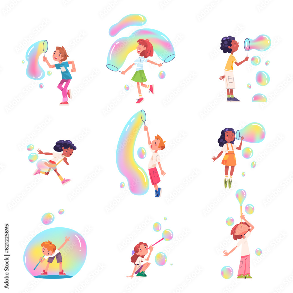 Kids play soap bubble. Child make blowing bubbles imitate balloon, little girl or boy playing outside activity children blow foam bottle, birthday party classy vector illustration