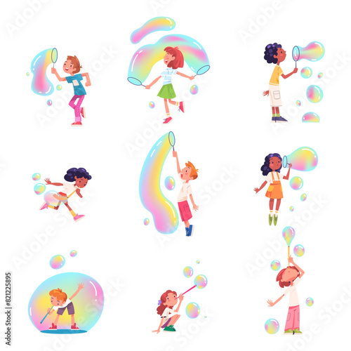 Kids play soap bubble. Child make blowing bubbles imitate balloon  little girl or boy playing outside activity children blow foam bottle  birthday party classy vector illustration