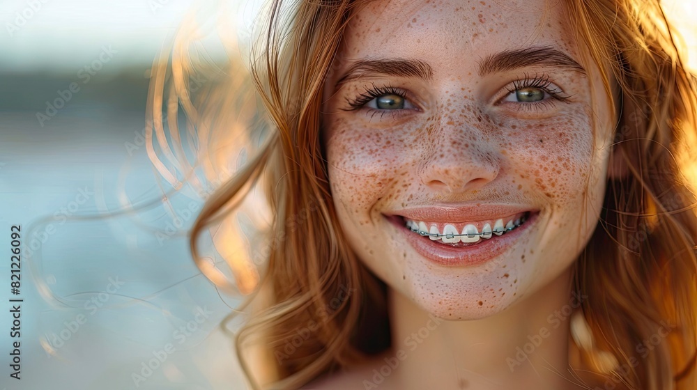 Young girl with freckles and braces laughing Young girl with freckles and braces laughing