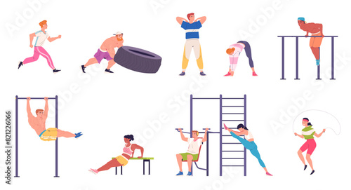 People street workout. Athletes exercise outdoor gym nature park, man pull tire physical exercises with bench bar woman fitness outside gymnastics, sport classy vector illustration