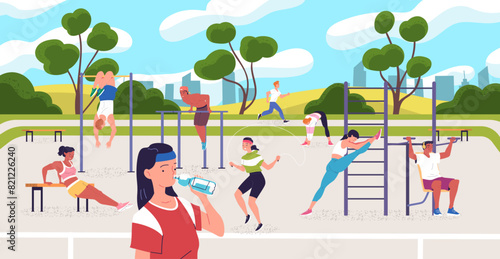 People workout street park. Outdoor wellness exercises in nature gym outside, athlete training fitness physical activity sportsman athletic exercise, classy vector illustration
