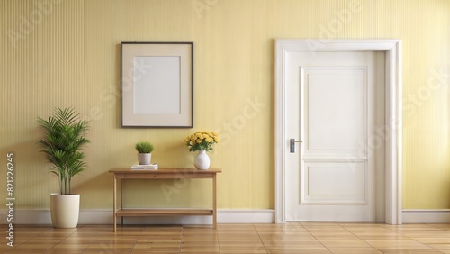 Entryway Frame Mockup     Minimalist Frame  A simple entryway with a minimalist frame on a pale yellow wall  suitable for welcoming and understated decor. 