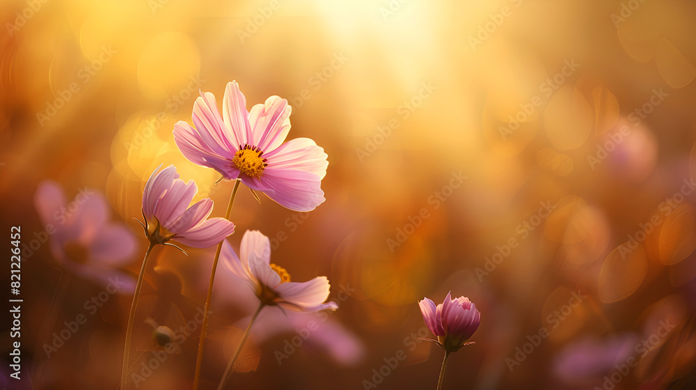 Pink cosmos flowers in sunset light on a blurred background. Environment concept. Copy space. Pink cosmos flowers in sunset light on a blurred background. Environment concept. Copy space.