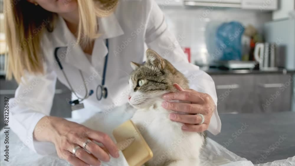 Specialist doctor veterinarian carefully cares for the pet's health while combing the fluffy fur of a domestic cat with a special comb, in vet spa clinic. Specialist doctor veterinarian carefully cares for the pet's health while combing the fluffy fur of a domestic cat with a special comb, in vet spa clinic.