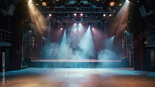elegance historical theater stage show with smoke and spotlights shine on floor in dark room, idea for background backdrop, Generative Ai 