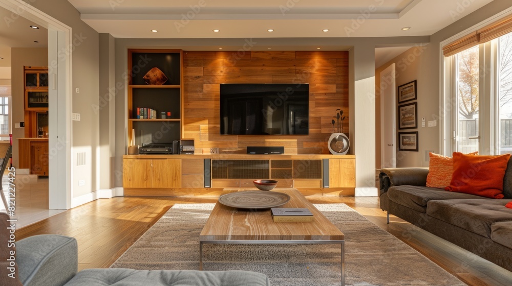 Fototapeta premium bedroom with contrast between the warm wood and the beige wall to create a soft and relaxing color palette. generative ai