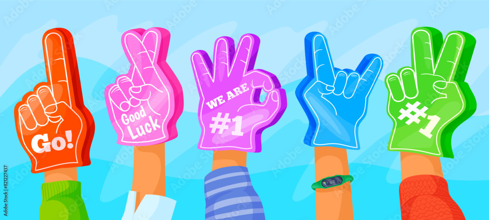 Cartoon fan fingers. Soccer fans hand in foam glove cheering, sports fanatics cheer concept stadium crowd hands encourage support football best sport team, neat vector illustration Cartoon fan fingers. Soccer fans hand in foam glove cheering, sports fanatics cheer concept stadium crowd hands encourage support football best sport team, neat vector illustration