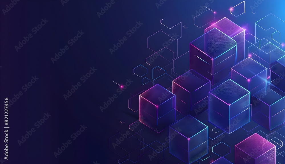 Fototapeta premium Abstract vector background with blue and purple gradient lines forming an isometric pattern of cubes on a dark navy blue background, representing technology or digital flow in the style of cyber