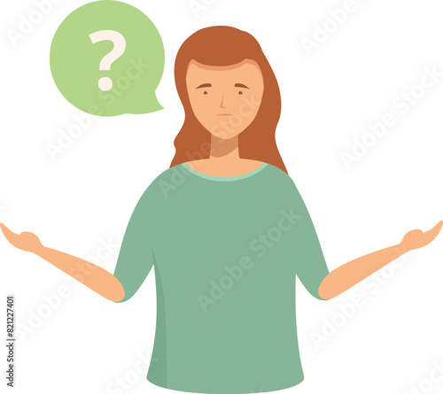 Cartoon of a young woman shrugging with a speech bubble question mark, symbolizing confusion