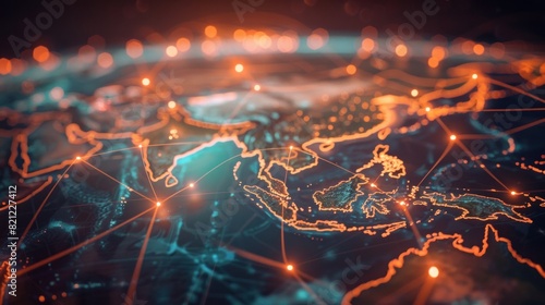 Global Perspective: Include hints of a global perspective, such as a faint world map in the background or interconnected nodes, to suggest that the business goals and solutions have a broad impact.  #821227412