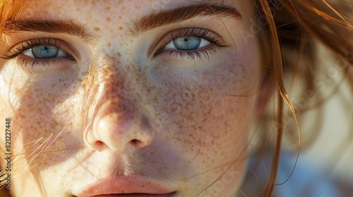 Close-up of a young woman's freckles in sunlight