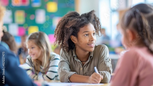 Children of various ages are seated at individual desks in a classroom, engaged in learning activities.