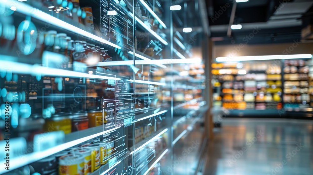 Smart shelves with built-in screens displaying product information and expiration dates, futuristic and clean design, busy but organized environment Smart shelves with built-in screens displaying product information and expiration dates, futuristic and clean design, busy but organized environment