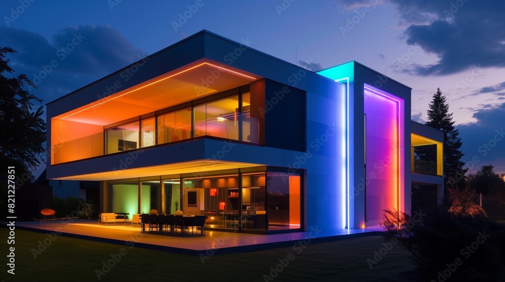 Modern villa with colored led lights at night. Nobody inside Modern villa with colored led lights at night. Nobody inside