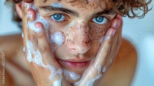 Teenager with acne using a facial cleanser