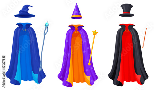 Magician cloak. Carnival costumes clothing, magic mantle wizard mantle collar magicians hat mysterious cloak mystery ghost halloween masquerade circus cape neat vector illustration