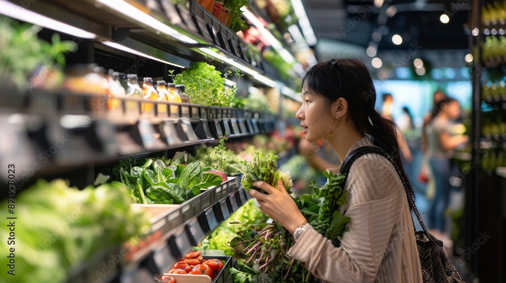 Supermarket with innovative vertical farming systems, bright and sustainable layout, customers enjoying fresh produce --ar 16:9 --style raw Job ID: 0ad92a6d-232a-48c4-93d1-cbc9743f8f7b