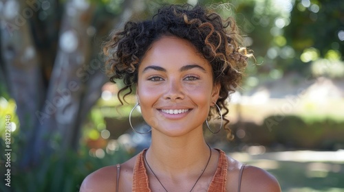 Woman with natural skin texture smiling at a park