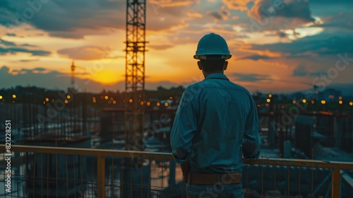 Construction worker at sunset on a building site