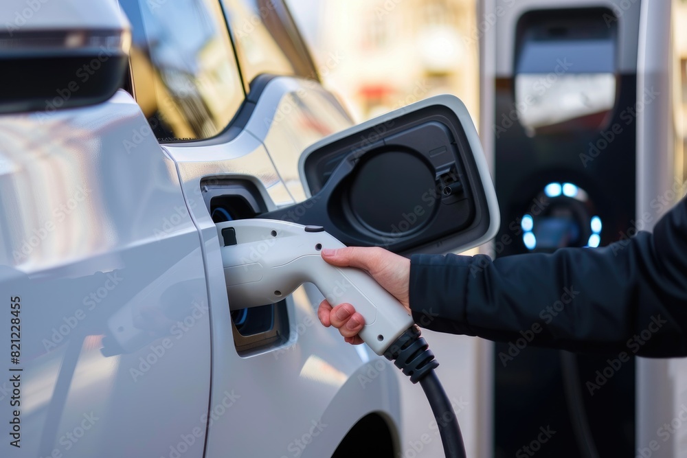 A person is plugging in a car to charge it A person is plugging in a car to charge it
