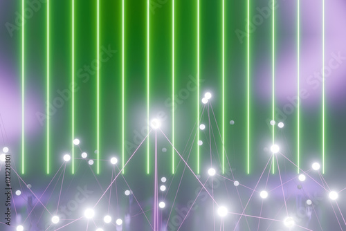 Abstract light display with green vertical lines and glowing white dots.3d rendering