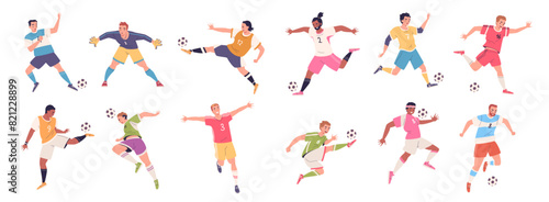 Soccer players poses. Professional football player dynamic pose, sportsman action foot feet kick ball dribbling posing goalkeeper catch goal pass, set classy vector illustration