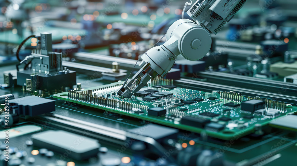 Automated robotic arm assembling circuit board on production line in a ...