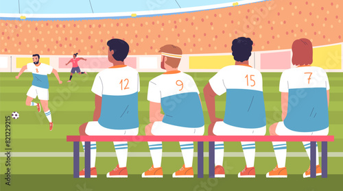 Soccer reserve team. Substitute football team players sit on bench of stadium or school sport court, sitting footballer back rear view, junior training classy vector illustration