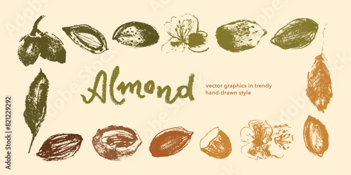 Nut border with almonds illustrations for banner background, packaging, marzipan paste label, poster designs. Vector almond drawings in hand-drawn style. Almonds wreath or border. Chocolate with nuts.