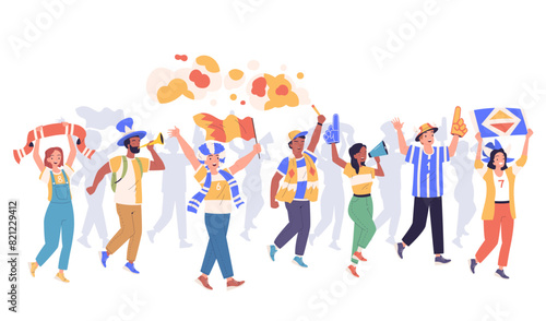 Soccer fans characters. Sport fan team football supporters cheering goal cheer celebration stadium game world or euro cup match, supporter holding flag classy vector illustration